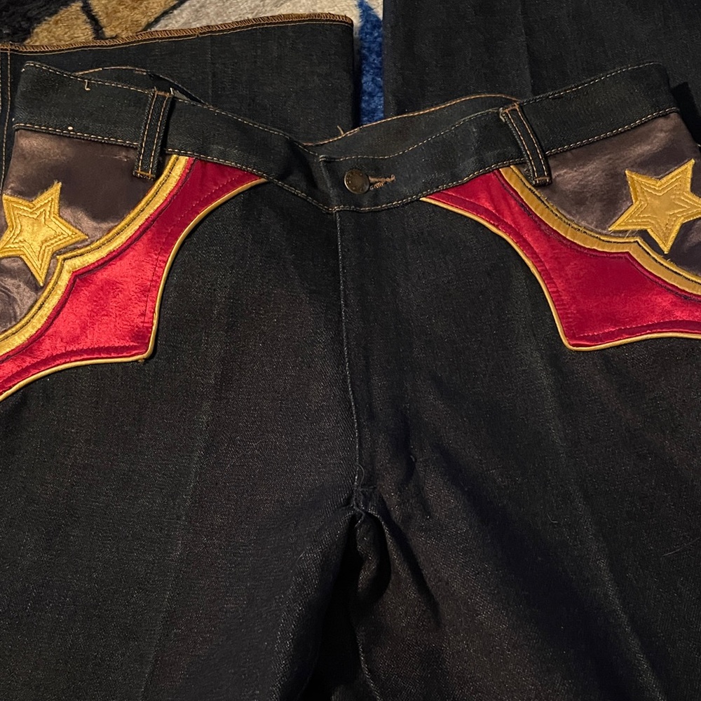 Brittania Vintage 1970’s Flare Jeans Star Accents Dark Blue Denim 34L NWOT - Picture 2 of 6